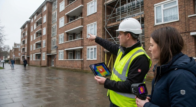Auditeur énergétique analysant la façade d'un immeuble en copropriété avec une tablette