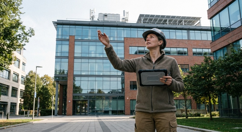 Auditeur énergétique tertiaire analysant un bâtiment de bureaux pour conformité au décret tertiaire