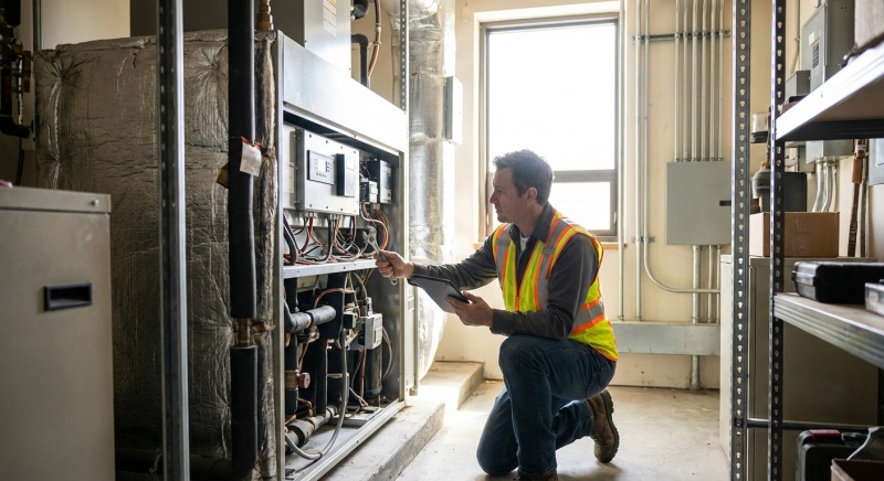 Technicien réglant un système CVC dans un bâtiment tertiaire dans le cadre d'une rénovation énergétique