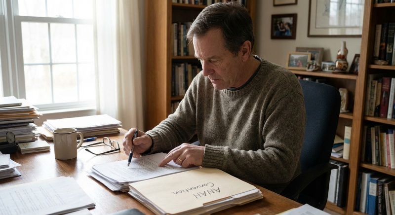 Propriétaire bailleur consultant les documents de convention ANAH pour le dispositif Loc'Avantage