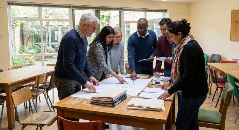 Réunion de conseil syndical examinant le plan pluriannuel de travaux d'une copropriété