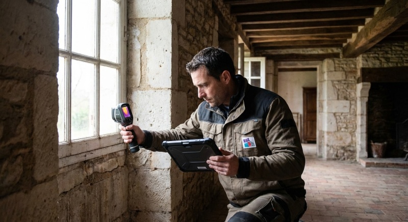 Technicien RGE réalisant un audit énergétique dans une maison ancienne dans le cadre d'une OPAH