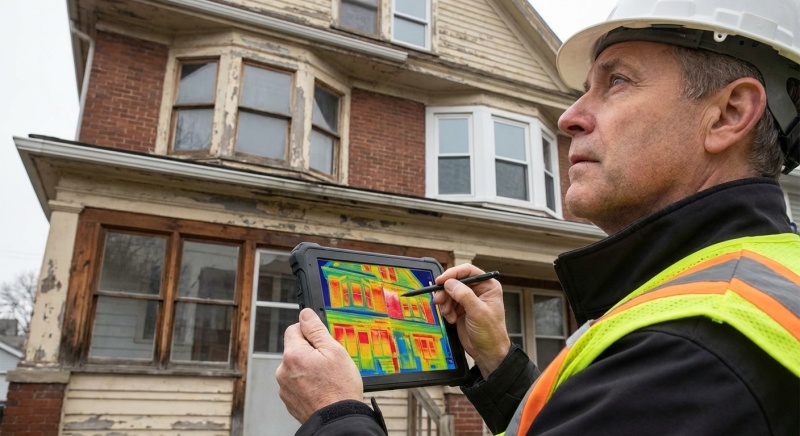 Auditeur énergétique analysant les déperditions thermiques d'une façade de logement ancien