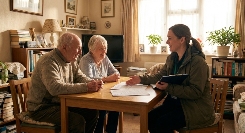 Conseiller SOLIHA en visite à domicile chez un couple de personnes âgées pour accompagnement rénovation énergétique