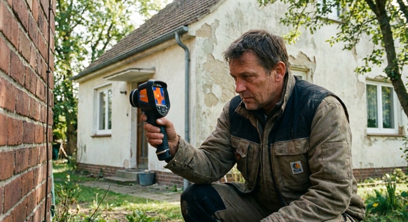 Auditeur énergétique RGE réalisant un diagnostic thermique dans un logement modeste avant travaux de rénovation