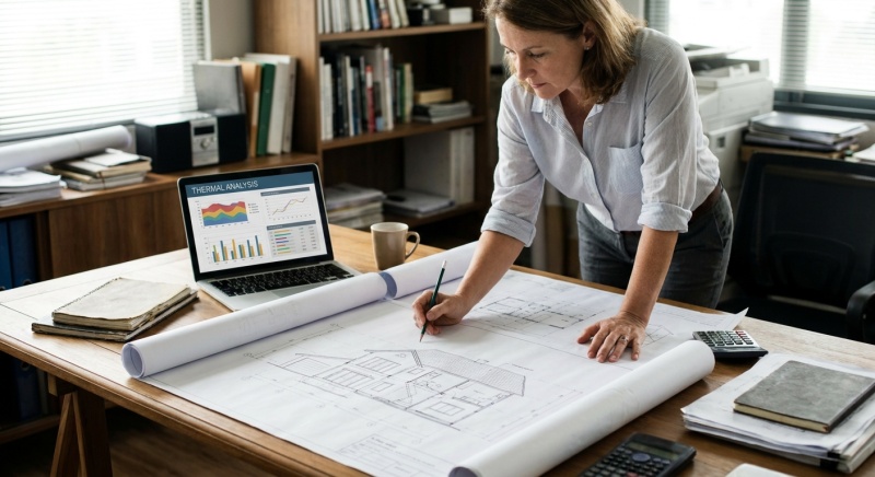 Thermicien réalisant une étude thermique pour attestation Bbio
