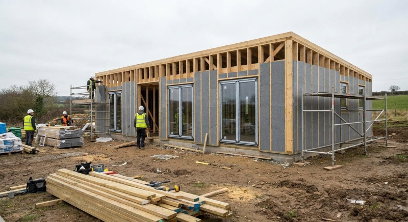 Chantier de maison neuve conforme RE2020 avec isolation performante
