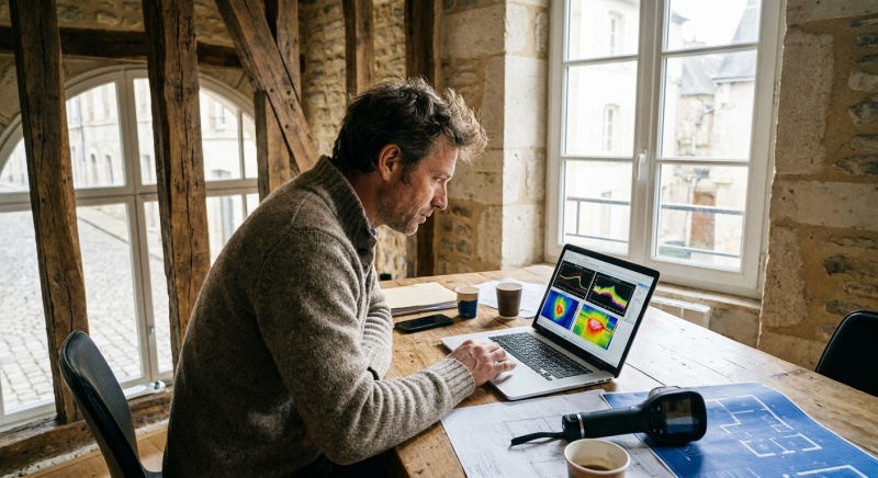 Ingénieur thermicien analysant une simulation DPE projeté sur ordinateur